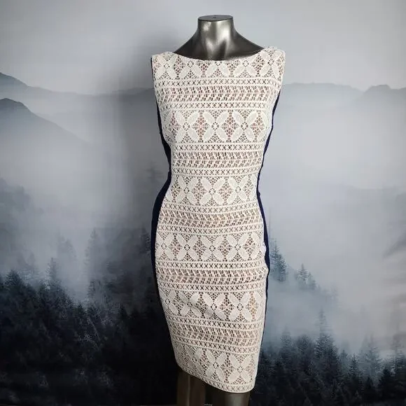 Anne Klein Sleeveless Lace Blue and White Sheath Dress | Women's 14 - Picture 1 of 15